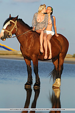 Always as one katya and mila makes a breathtaking view as they pose together with a handsome brown stallion, looking carefree and enchanting like two beautiful nymphs.