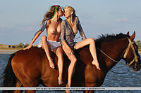 Always as one katya and mila makes a breathtaking view as they pose together with a handsome brown stallion, looking carefree and enchanting like two beautiful nymphs.