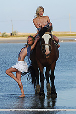 Always as one katya and mila makes a breathtaking view as they pose together with a handsome brown stallion, looking carefree and enchanting like two beautiful nymphs.